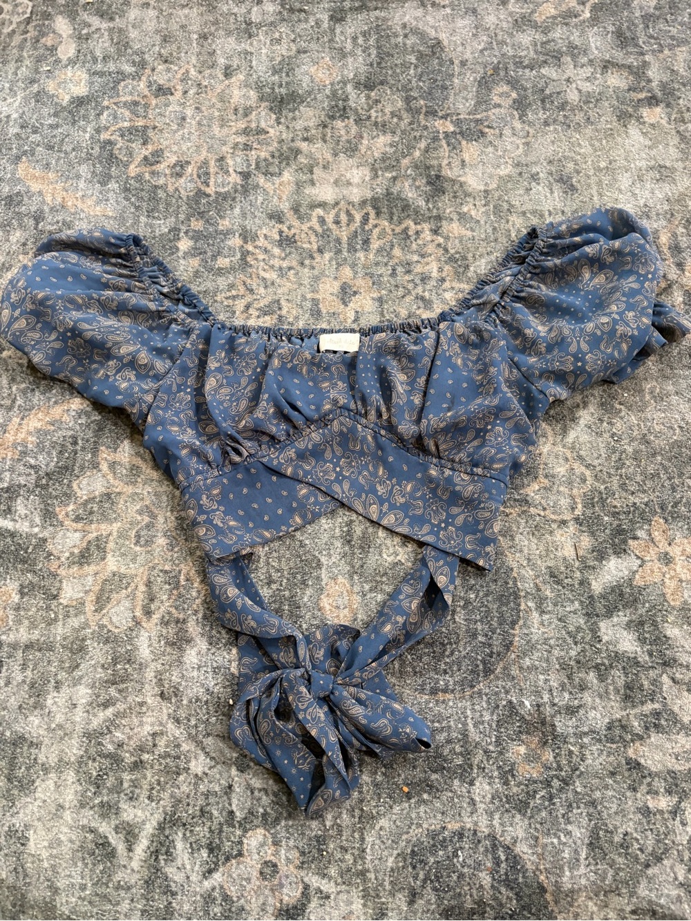 Altar'd State Blue Paisley Off-Shoulder Tie-Front Crop Top
